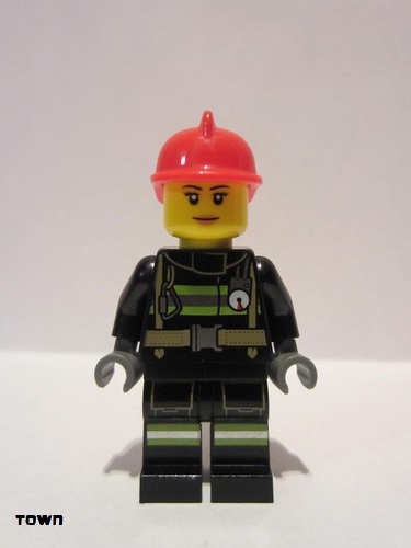 lego 2019 mini figurine cty0963 Fire Reflective Stripes with Utility Belt, Red Fire Helmet, Peach Lips Closed Mouth Smile 