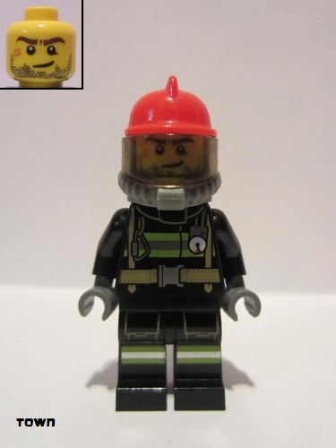 lego 2019 mini figurine cty1004 Fire Reflective Stripes, Stubble Beard, Red Helmet, Breathing Neck Gear with Blue Airtanks 