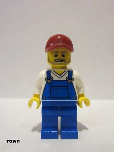 lego 2019 mini figurine cty1006 Gardener Overalls Blue over V-Neck Shirt, Blue Legs, Dark Red Cap, Dark Tan Angular Beard 