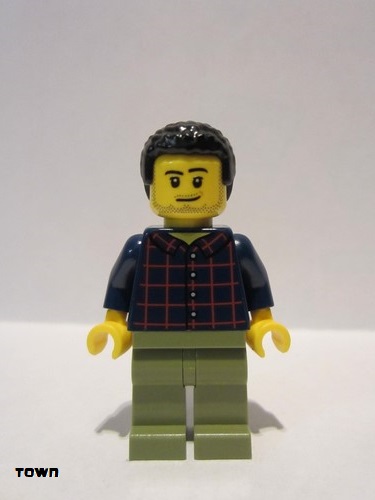 lego 2019 mini figurine cty1017 Dad Dark Blue Plaid Button Shirt, Olive Green Legs, Black Hair Male with Coiled Texture 