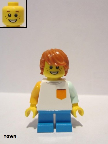 lego 2019 mini figurine cty1023 Boy Freckles, White Shirt with Orange Pocket, Dark Azure Short Legs, Dark Orange Hair Tousled with Side Part 