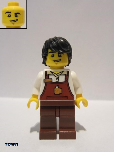 lego 2019 mini figurine cty1048 Barista Male, Reddish Brown Apron with Cup and Name Tag, Black Hair 
