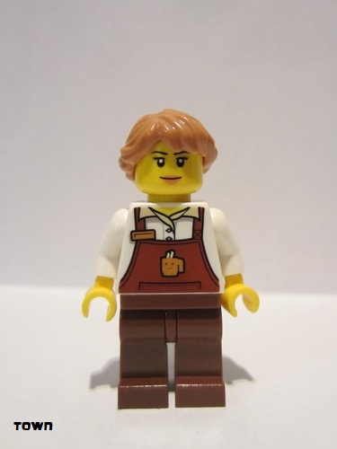lego 2019 mini figurine cty1049 Barista Female, Reddish Brown Apron with Cup and Name Tag, Medium Nougat Hair 