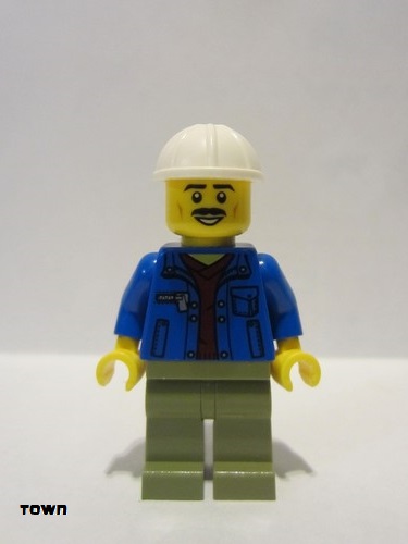 lego 2019 mini figurine cty1050 Truck Driver Blue Jacket over Dark Red V-Neck Sweater, Olive Green Legs, White Construction Helmet 
