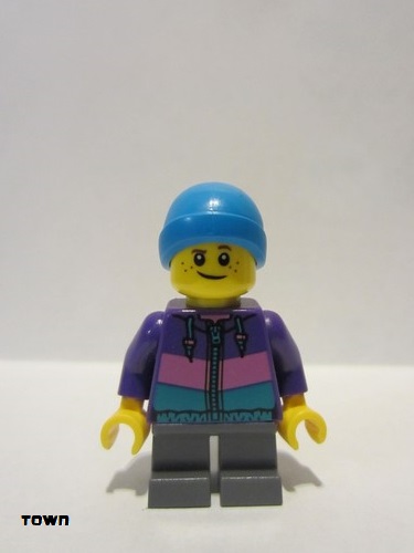 lego 2019 mini figurine cty1081 Boy Dark Purple Jacket, Dark Bluish Gray Short Legs, Ski Beanie Hat 