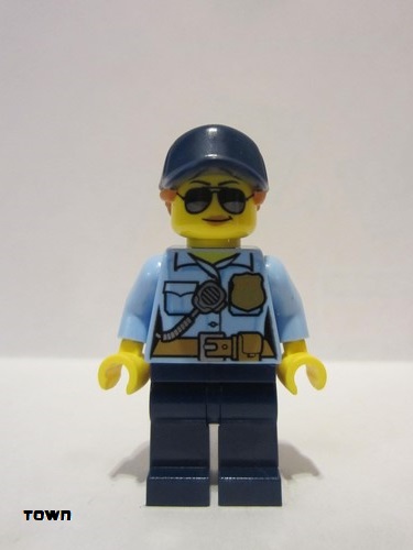 lego 2019 mini figurine cty1090 Police - City Officer Female, Bright Light Blue Shirt with Badge and Radio, Dark Blue Legs, Dark Blue Cap with Dark Orange Ponytail, Sunglasses 