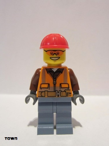 lego 2019 mini figurine cty1093 Construction Worker (Lumberjack) Orange Zipper, Safety Stripes and Belt over Brown Shirt, Sand Blue Legs, Red Construction Helmet, Orange Sunglasses 