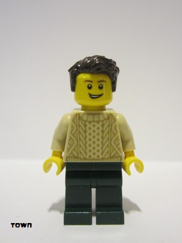 lego 2019 mini figurine twn359 Man With Dark Brown Hair, Tan Sweater and Dark Green Legs 
