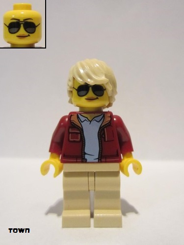 lego 2019 mini figurine twn360 Woman With Short Tan Hair, Sunglasses, Dark Red Bomber Jacket and Tan Legs 