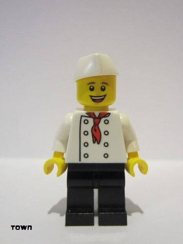 lego 2020 mini figurine chef027 Chef Black Legs, Open Mouth Smile, 'LEGO HOUSE Home of the Brick' on Back 