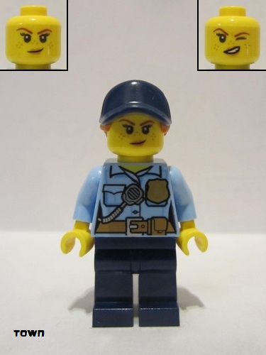 lego 2020 mini figurine cty1125 Police - City Officer Female, Bright Light Blue Shirt with Badge and Radio, Dark Blue Legs, Dark Blue Cap with Dark Orange Ponytail, Freckles 