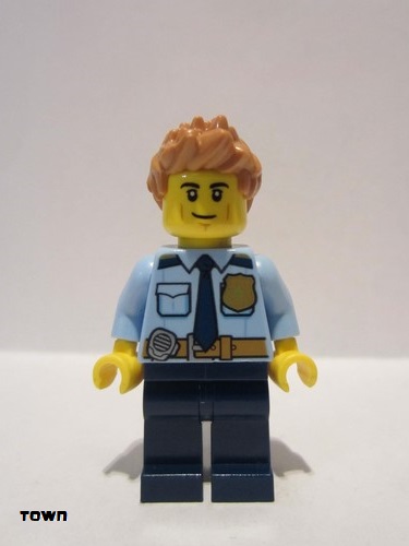 lego 2020 mini figurine cty1126 Police - City Officer Shirt with Dark Blue Tie and Gold Badge, Dark Tan Belt with Radio, Dark Blue Legs, Medium Nougat Spiked Hair 