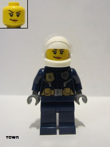 lego 2020 mini figurine cty1132 Police - ATV Driver Female, Leather Jacket with Gold Badge and Utility Belt, White Helmet, Trans-Clear Visor, Peach Lips Smirk 