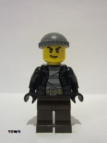 lego 2020 mini figurine cty1133 Police - City Bandit Crook Black Leather Jacket, Dark Bluish Gray Knit Cap, Dark Brown Legs 