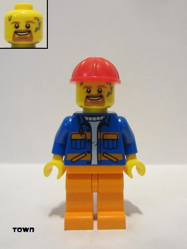 lego 2020 mini figurine cty1161 Citizen Blue Jacket with Diagonal Lower Pockets and Orange Stripes, Orange Legs, Red Construction Helmet 