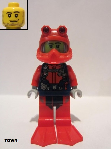 lego 2020 mini figurine cty1166 Scuba Diver Male, Smirk, Red Helmet, White Airtanks, Red Flippers 