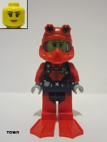 lego 2020 mini figurine cty1179 Scuba Diver Female, Peach Lips Smile, Red Helmet, White Airtanks, Red Flippers 