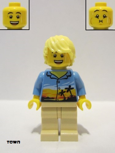 lego 2020 mini figurine cty1184 Plane Passenger Male, Bright Light Yellow Hair, Medium Blue Hawaiian Shirt, Tan Legs 