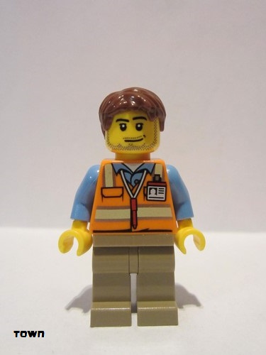 lego 2020 mini figurine cty1187 Air Traffic Controller Male, Reddish Brown Hair, Orange Safety Vest, Dark Tan Legs 