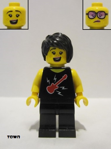 lego 2020 mini figurine cty1188 Plane Passenger Female, Black Hair, Black Sleeveless Top with Red Guitar, Black Legs 