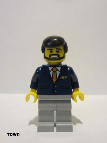 lego 2020 mini figurine cty1190 Steward Male, Black Hair, Dark Blue Suit with Striped Tie, Light Bluish Gray Legs 