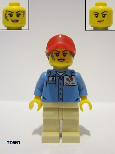 lego 2020 mini figurine cty1194 Ground Crew Female, Medium Blue Shirt with 'Octan' Logo, Tan Legs, Red Ball Cap with Reddish Brown Ponytail 