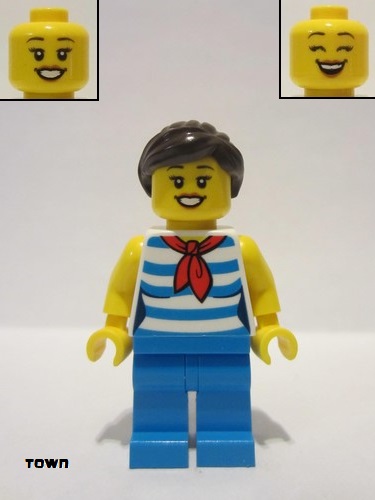 lego 2020 mini figurine cty1213 Diner Employee Female, White and Dark Azure Striped Shirt, Dark Azure Legs, Dark Brown Hair 