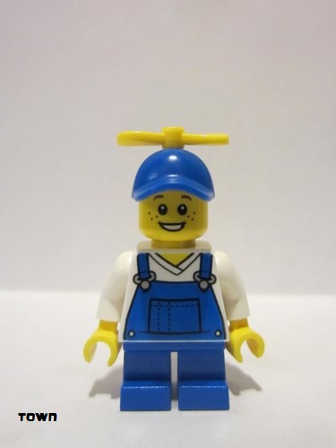lego 2020 mini figurine cty1214 Boy Blue Overalls over V-Neck Shirt, Blue Short Legs, Blue Cap with Tiny Yellow Propeller 