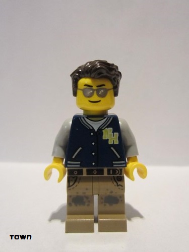 lego 2020 mini figurine twn396 Driver Male, with Dark Blue Jacket, Dark Tan Legs with Dark Bluish Gray Splotches, Dark Brown Hair 