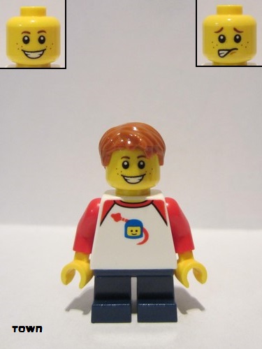 lego 2020 mini figurine twn397 Boy With Classic Space Shirt with Red Sleeves, Dark Blue Short Legs, Dark Orange Hair 