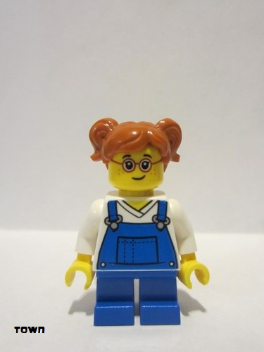 lego 2021 mini figurine cty1226 Girl Blue Overalls over V-Neck Shirt, Dark Orange Hair Short, Parted with Two Pigtails, Red Glasses 
