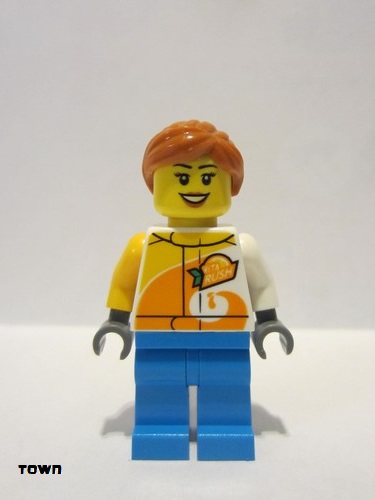 lego 2021 mini figurine cty1228 Citizen Female - Jacket with 'ViTA RUSH' Logo, Dark Azure Legs, Dark Orange Hair 