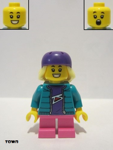lego 2021 mini figurine cty1230 Skater Girl, Dark Turquoise Jacket, Dark Pink Short Legs, Dark Purple Helmet, Bright Light Yellow Hair 