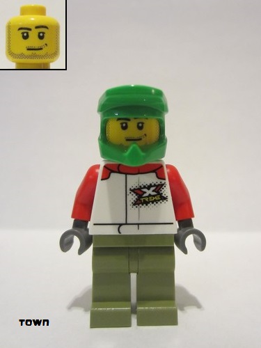 lego 2021 mini figurine cty1231 Wheelchair Athlete Male, White Jacket with 'XTREME' Logo, Olive Green Legs, Bright Green Dirt Bike Helmet 