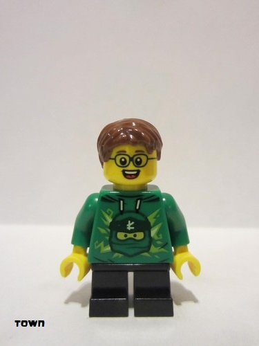 lego 2021 mini figurine cty1233 Boy Green Ninjago Hoodie, Black Short Legs, Reddish Brown Hair 
