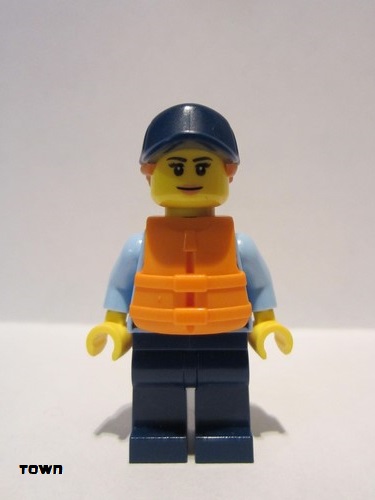 lego 2021 mini figurine cty1263 Police - City Officer Female, Bright Light Blue Shirt with Badge and Radio, Dark Blue Legs, Dark Blue Cap with Dark Orange Ponytail, Life Jacket 