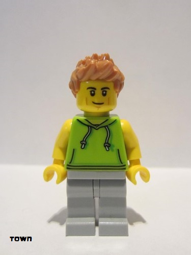 lego 2021 mini figurine cty1267 Car Driver Male, Lime Hoodie, Light Bluish Gray Legs, Medium Nougat Hair 