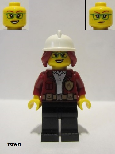 lego 2021 mini figurine cty1288 Fire Chief Female - Freya McCloud, Dark Red Jacket, Black Legs, White Fire Helmet, Open Smile / Closed Mouth Pattern 