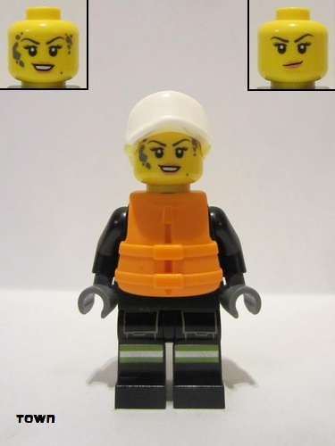 lego 2021 mini figurine cty1309 Fire Female, Black Jacket and Legs with Reflective Stripes and Dark Red Collar, Bright Light Yellow Hair, White Cap, Orange Life Jacket 