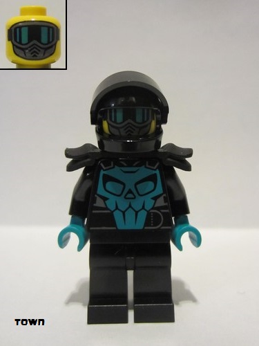 lego 2021 mini figurine cty1315 Stuntz Driver Black Helmet, Shoulder Armor, Dark Turquoise Skull 