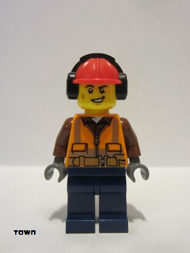 lego 2021 mini figurine cty1317 Worker Orange Zipper, Safety Stripes, Belt, Brown Shirt, Dark Blue Legs, Red Construction Helmet, Headphones, Lopsided Mouth 