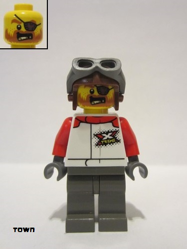 lego 2021 mini figurine cty1324 Stuntz Driver Reddish Brown Aviator Helmet, Dark Bluish Gray Legs, Red Arms 