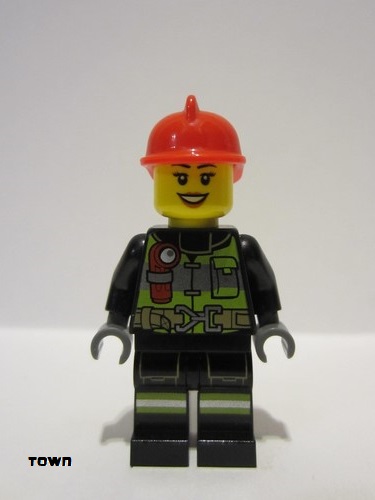 lego 2021 mini figurine cty1596 Fire Female, Reflective Stripes with Utility Belt and Flashlight, Red Fire Helmet 