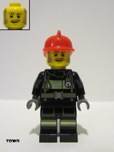 lego 2021 mini figurine cty1598 Fire Male, Reflective Stripes with Utility Belt, Red Fire Helmet, Dark Tan and Light Bluish Gray Sideburns 