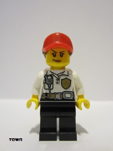 lego 2021 mini figurine cty1599 Fire Female, White Shirt with Fire Logo Badge and Belt, Black Legs, Red Cap with Ponytail, Smirk, Medium Nougat Lips 