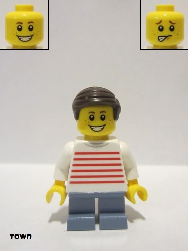 lego 2021 mini figurine twn415 Boy White Sweater with Red Horizontal Stripes, Sand Blue Short Legs, Dark Brown Hair 