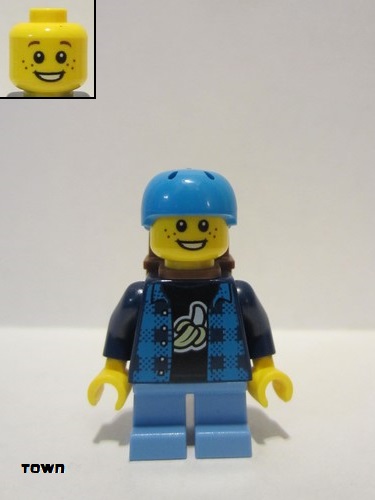 lego 2022 mini figurine cty1332 Skateboarder Boy, Banana Shirt, Dark Azure Helmet, Backpack, Medium Blue Short Legs 