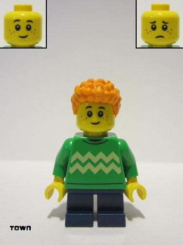 lego 2022 mini figurine cty1343 Boy Bright Green Sweater, Dark Blue Legs, Orange Hair 