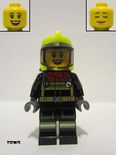 lego 2022 mini figurine cty1356 Fire Fighter Sarah Feldman, Reflective Stripes, Black Legs and Jacket with Dark Red Collar, Neon Yellow Fire Helmet, Trans-Black Visor 