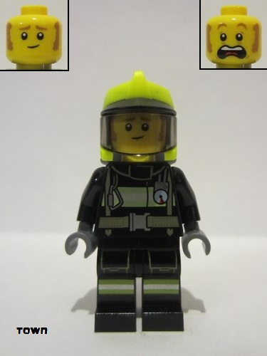 lego 2022 mini figurine cty1358 Fire Fighter Clemmons, Reflective Stripes with Utility Belt, Black Legs, Neon Yellow Fire Helmet, Trans-Black Visor, Sideburns 